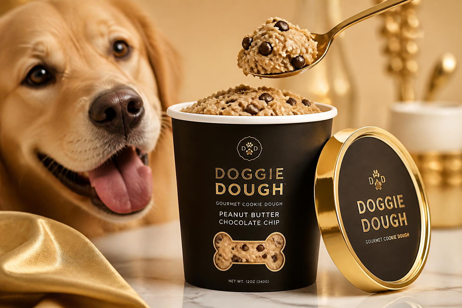 Golden retriever grinning next to an open Doggie Dough tub with gold spoon lifting a scoop of chocolate chip cookie dough