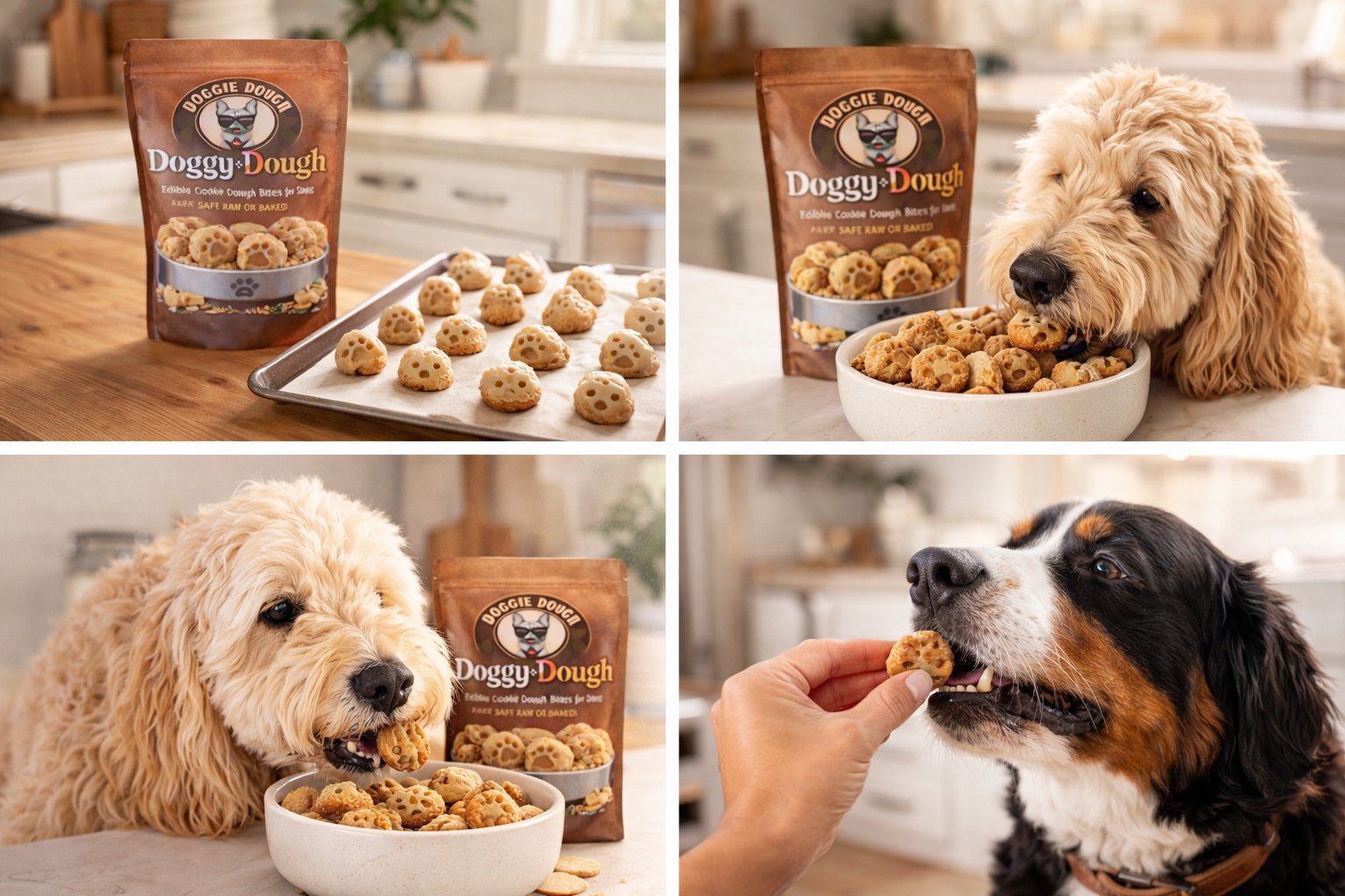 Doggie Dough on baking tray, dog eating cookies from bowl