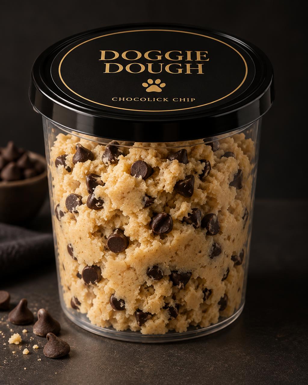 Chocolick Chip Doggie Dough in a clear deli container with a top label
